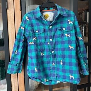 Mini Boden embroidered button down shirt long sleeve plaid flannel dogs toddler